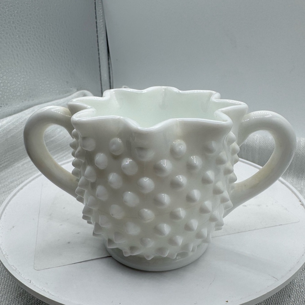 Fenton Hobnail White Milk Glass Sugar Bowl Two Handles Star Shaped 3" Vintage
